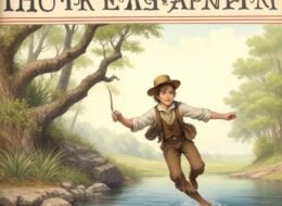 The Escape - Daring Adventures Unfold in Huck Finn&#039;s Journey. Writing on iamge