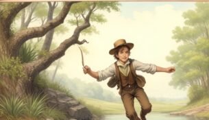 The Escape - Daring Adventures Unfold in Huck Finn&#039;s Journey. Writing on iamge
