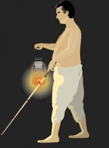 a blind man with a lamp